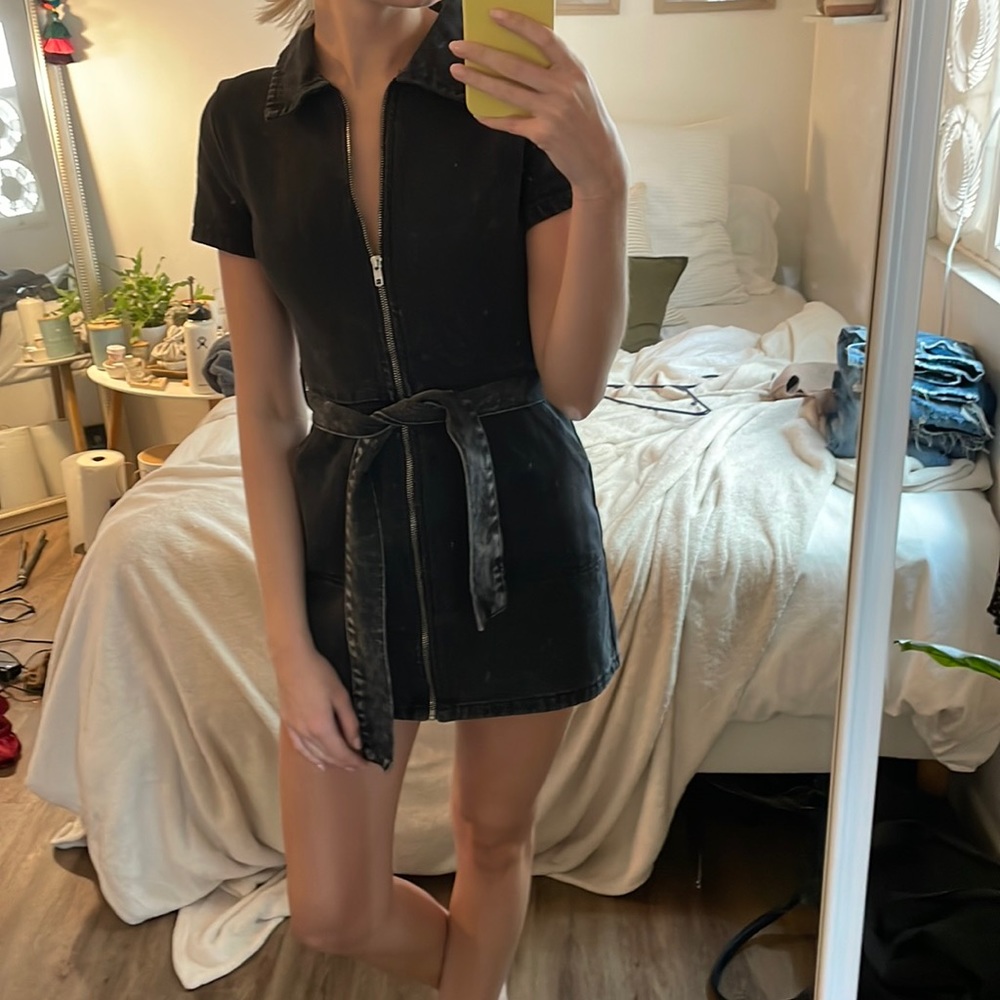 White Fox Boutique Black Mini Zip Dress with Belt